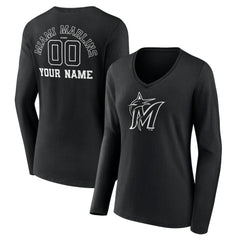 Miami Marlins Women's Monochrome Personalized Name & Number Long Sleeve V-Neck T-Shirt - Black - MLB Discount