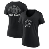 Miami Marlins Women's Monochrome Personalized Name & Number V-Neck T-Shirt - Black - MLB Discount