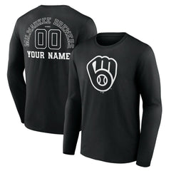 Milwaukee Brewers Monochrome Personalized Name & Number Long Sleeve T-Shirt - Black - MLB Discount