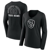 Milwaukee Brewers Women's Monochrome Personalized Name & Number Long Sleeve V-Neck T-Shirt - Black - MLB Discount