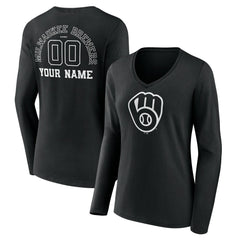 Milwaukee Brewers Women's Monochrome Personalized Name & Number Long Sleeve V-Neck T-Shirt - Black - MLB Discount