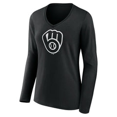 Milwaukee Brewers Women's Monochrome Personalized Name & Number Long Sleeve V-Neck T-Shirt - Black - MLB Discount