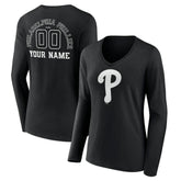 Philadelphia Phillies Women's Monochrome Personalized Name & Number Long Sleeve V-Neck T-Shirt - Black - MLB Discount