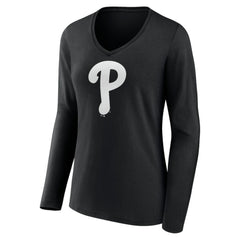 Philadelphia Phillies Women's Monochrome Personalized Name & Number Long Sleeve V-Neck T-Shirt - Black - MLB Discount