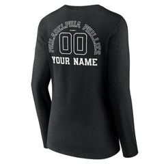 Philadelphia Phillies Women's Monochrome Personalized Name & Number Long Sleeve V-Neck T-Shirt - Black - MLB Discount