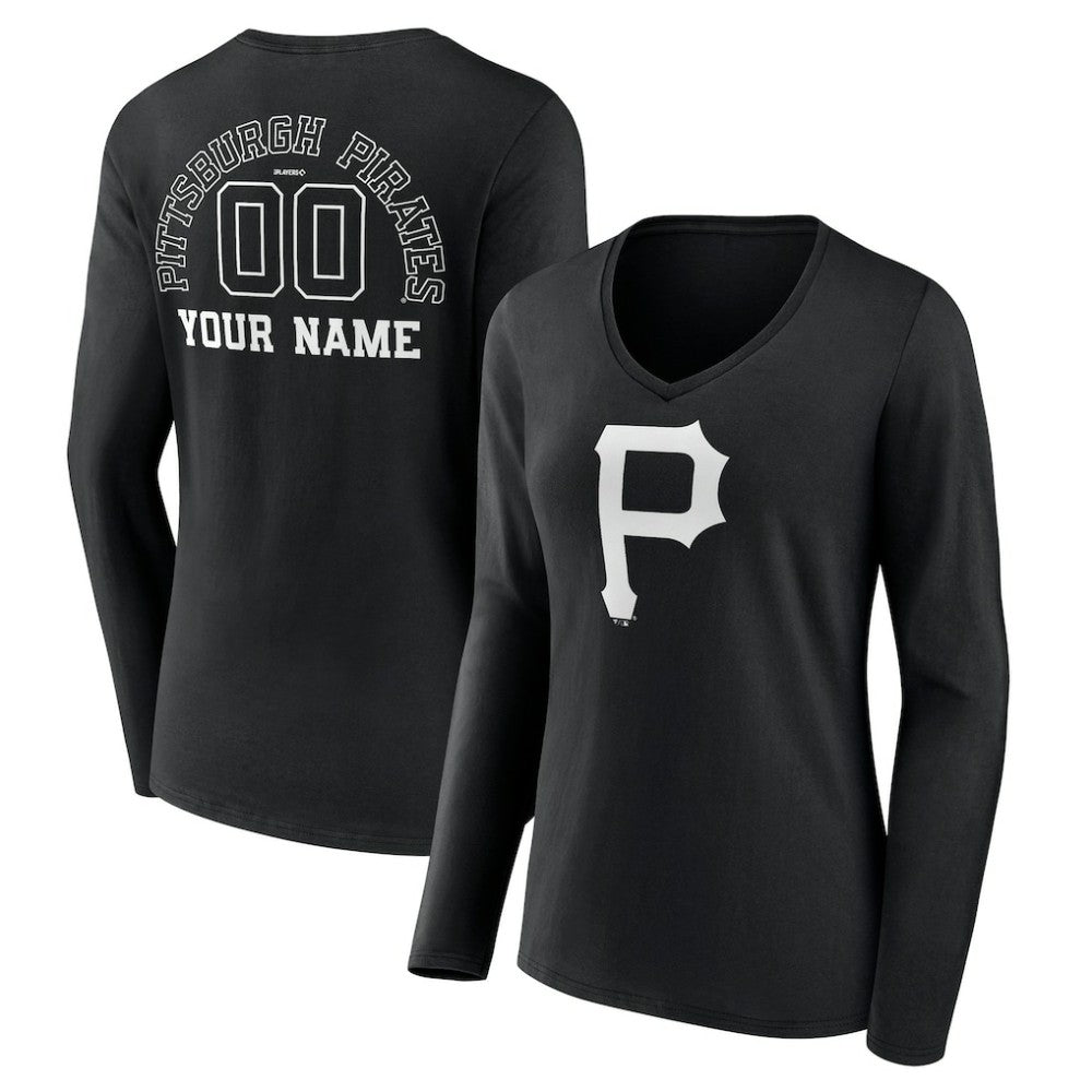 Pittsburgh Pirates Women's Monochrome Personalized Name & Number Long Sleeve V-Neck T-Shirt - Black - MLB Lifestyle