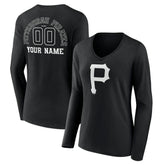 Pittsburgh Pirates Women's Monochrome Personalized Name & Number Long Sleeve V-Neck T-Shirt - Black - MLB Lifestyle