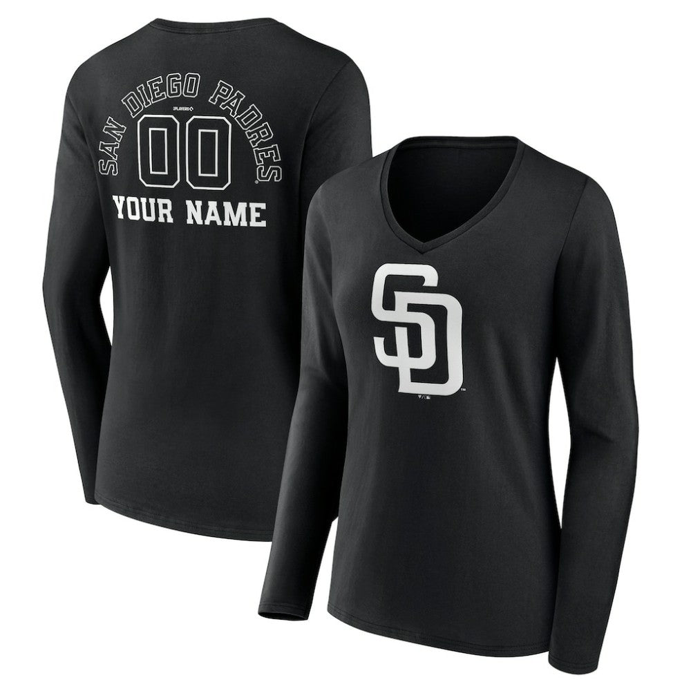 San Diego Padres Women's Monochrome Personalized Name & Number Long Sleeve V-Neck T-Shirt - Black - MLB Sale