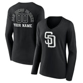 San Diego Padres Women's Monochrome Personalized Name & Number Long Sleeve V-Neck T-Shirt - Black - MLB Sale