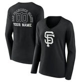 San Francisco Giants Women's Monochrome Personalized Name & Number Long Sleeve V-Neck T-Shirt - Black - MLB Lifestyle
