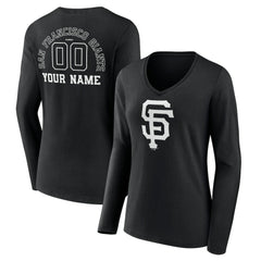 San Francisco Giants Women's Monochrome Personalized Name & Number Long Sleeve V-Neck T-Shirt - Black - MLB Lifestyle