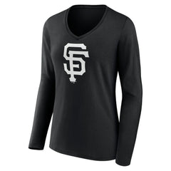 San Francisco Giants Women's Monochrome Personalized Name & Number Long Sleeve V-Neck T-Shirt - Black - MLB Lifestyle