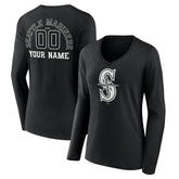 Seattle Mariners Women's Monochrome Personalized Name & Number Long Sleeve V-Neck T-Shirt - Black - MLB Sale