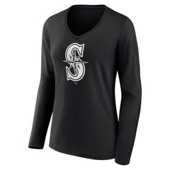 Seattle Mariners Women's Monochrome Personalized Name & Number Long Sleeve V-Neck T-Shirt - Black - MLB Sale