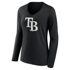 Tampa Bay Rays Women's Monochrome Personalized Name & Number Long Sleeve V-Neck T-Shirt - Black - MLB Discount