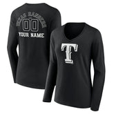 Texas Rangers Women's Monochrome Personalized Name & Number Long Sleeve V-Neck T-Shirt - Black - MLB on Sale