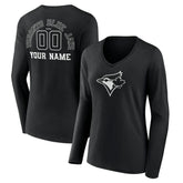 Toronto Blue Jays Women's Monochrome Personalized Name & Number Long Sleeve V-Neck T-Shirt - Black - MLB Sale