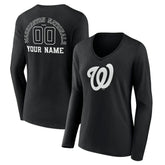 Washington Nationals Women's Monochrome Personalized Name & Number Long Sleeve V-Neck T-Shirt - Black - MLB Discount