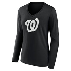 Washington Nationals Women's Monochrome Personalized Name & Number Long Sleeve V-Neck T-Shirt - Black - MLB Discount