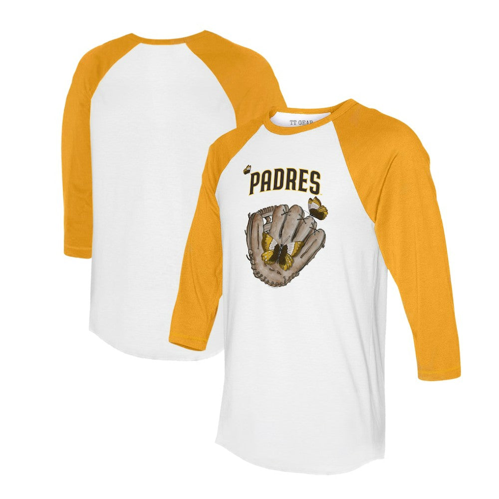 San Diego Padres Tiny Turnip Unisex Butterfly Glove 3/4-Sleeve Raglan T-Shirt - White/Gold - MLB Sale