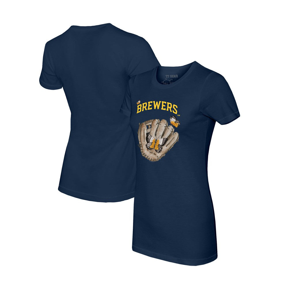 Milwaukee Brewers Tiny Turnip Women's Butterfly Glove T-Shirt - Navy - MLB Sale