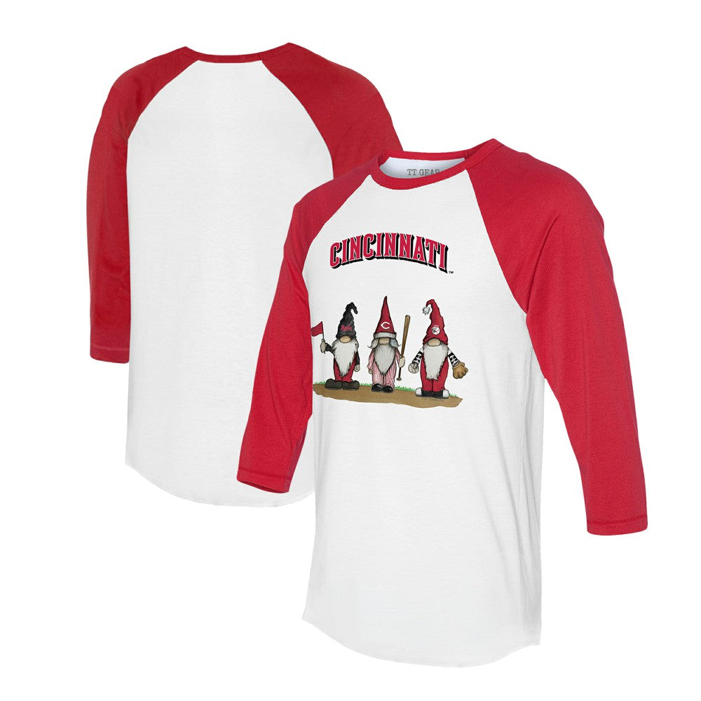 Cincinnati Reds Tiny Turnip Unisex Gnomes 3/4-Sleeve Raglan T-Shirt - White/Red - MLB Sale