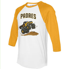 San Diego Padres Tiny Turnip Unisex Monster Truck 3/4-Sleeve Raglan T-Shirt - White/Gold - MLB on Sale