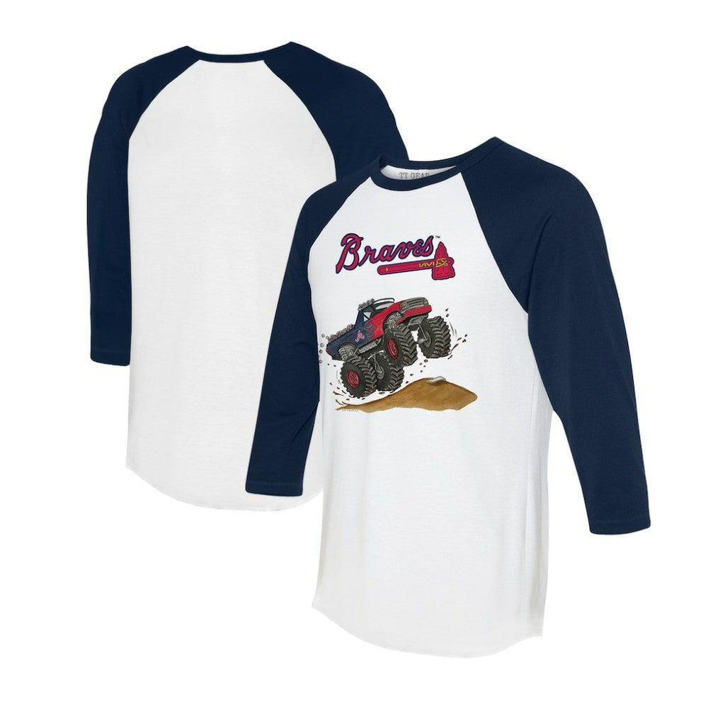 Atlanta Braves Tiny Turnip Unisex Monster Truck 3/4-Sleeve Raglan T-Shirt - White/Navy - MLB Sale