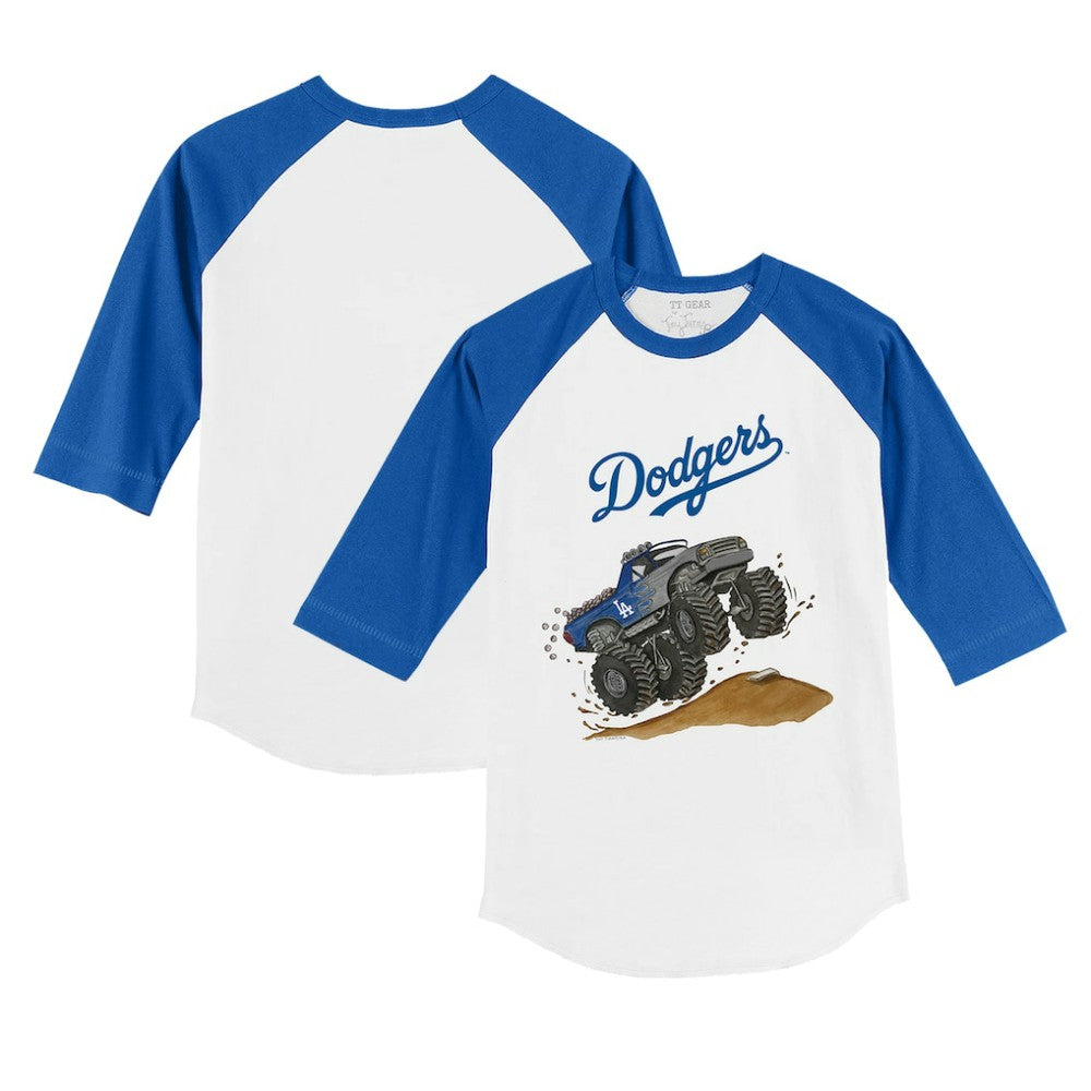 Los Angeles Dodgers Tiny Turnip Youth Monster Truck 3/4-Sleeve Raglan T-Shirt - White/Royal - MLB Discount