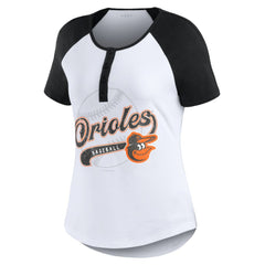 Baltimore Orioles WEAR by Erin Andrews Women's Fitted Henley Raglan T-Shirt - White/Black - MLB Discount