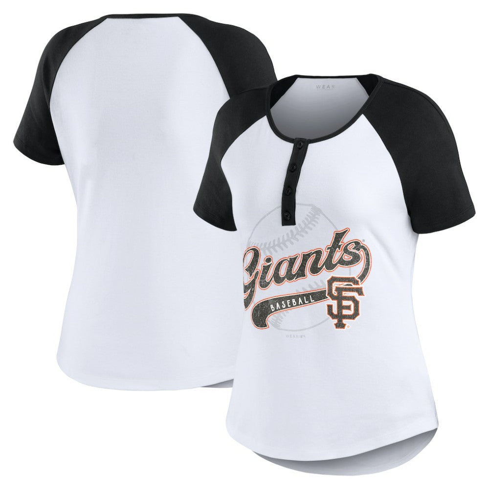 San Francisco Giants WEAR by Erin Andrews Women's Fitted Henley Raglan T-Shirt - White/Black - MLB Lifestyle