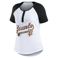 San Francisco Giants WEAR by Erin Andrews Women's Fitted Henley Raglan T-Shirt - White/Black - MLB Lifestyle