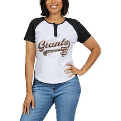 San Francisco Giants WEAR by Erin Andrews Women's Fitted Henley Raglan T-Shirt - White/Black - MLB Lifestyle