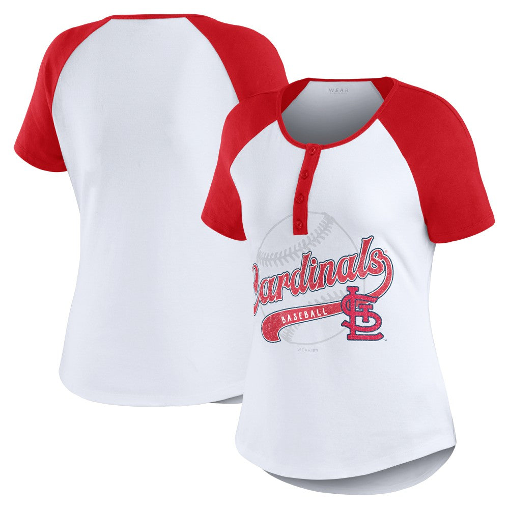 St. Louis Cardinals WEAR by Erin Andrews Women's Fitted Henley Raglan T-Shirt - White/Red - MLB Discount
