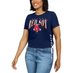 Boston Red Sox WEAR by Erin Andrews Women's Side Lace-Up Cropped T-Shirt - Navy - MLB Lifestyle