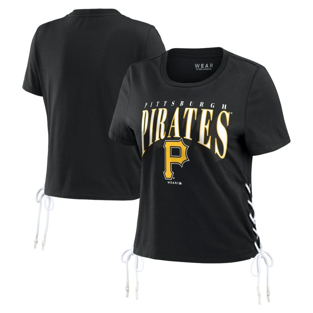 Pittsburgh Pirates WEAR by Erin Andrews Women's Side Lace-Up Cropped T-Shirt - Black - MLB Sale