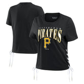 Pittsburgh Pirates WEAR by Erin Andrews Women's Side Lace-Up Cropped T-Shirt - Black - MLB Sale