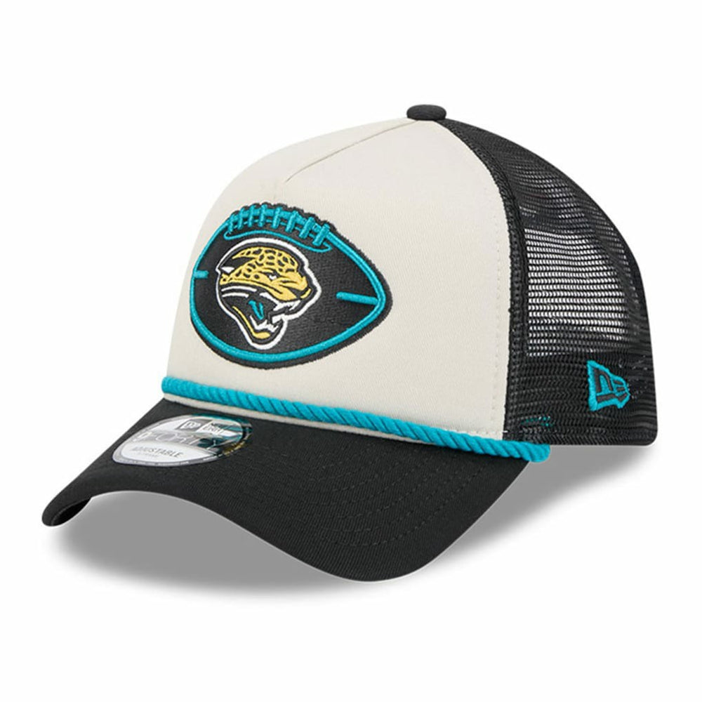 Jacksonville Jaguars New Era 2024 Sideline Historic 9FORTY A-Frame Trucker Adjustable Hat Stone/Black