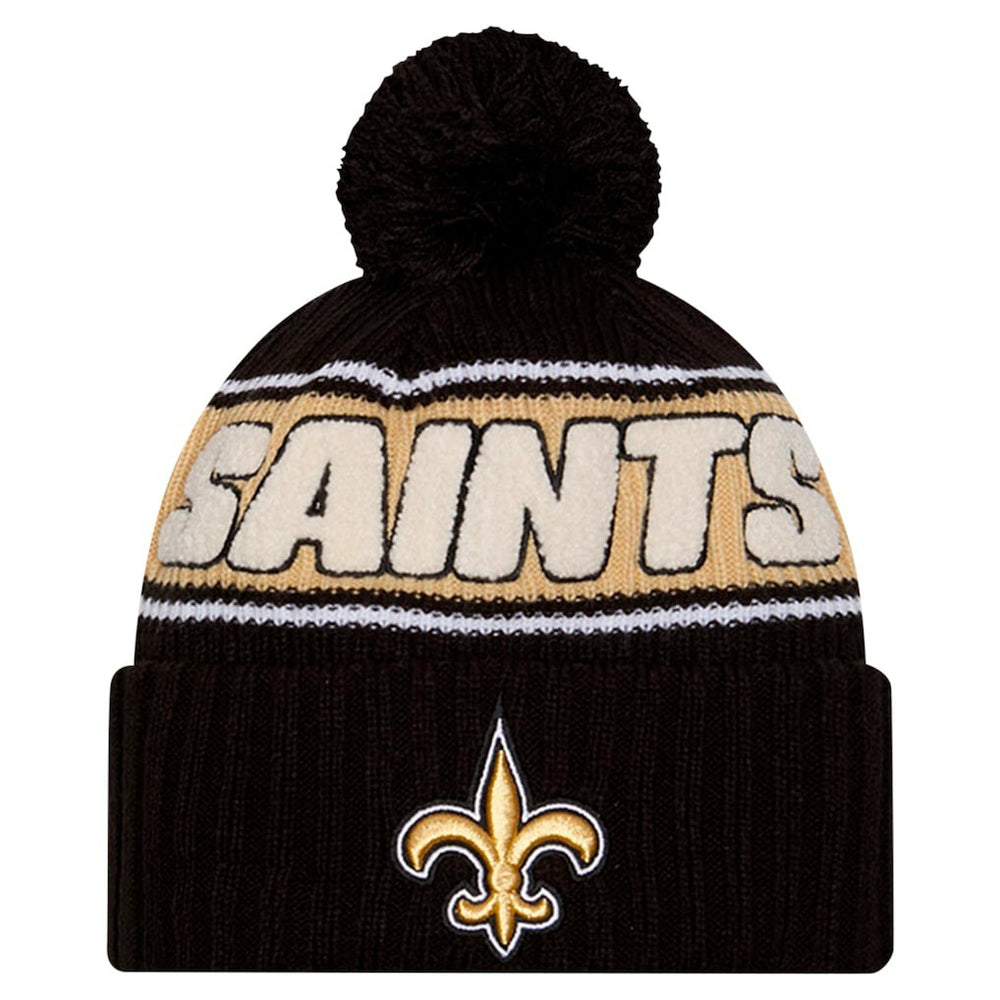 New Orleans Saints New Era Youth 2024 Sideline Sport Cuffed Knit Hat with Pom Black