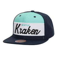 Seattle Kraken Mitchell & Ness Retro Script Colorblock Snapback Hat - Deep Sea Blue - NHL 201141488