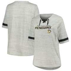Pittsburgh Penguins Fanatics Women's Plus Size Lace-Up T-Shirt - Heather Gray - NHL 201173348