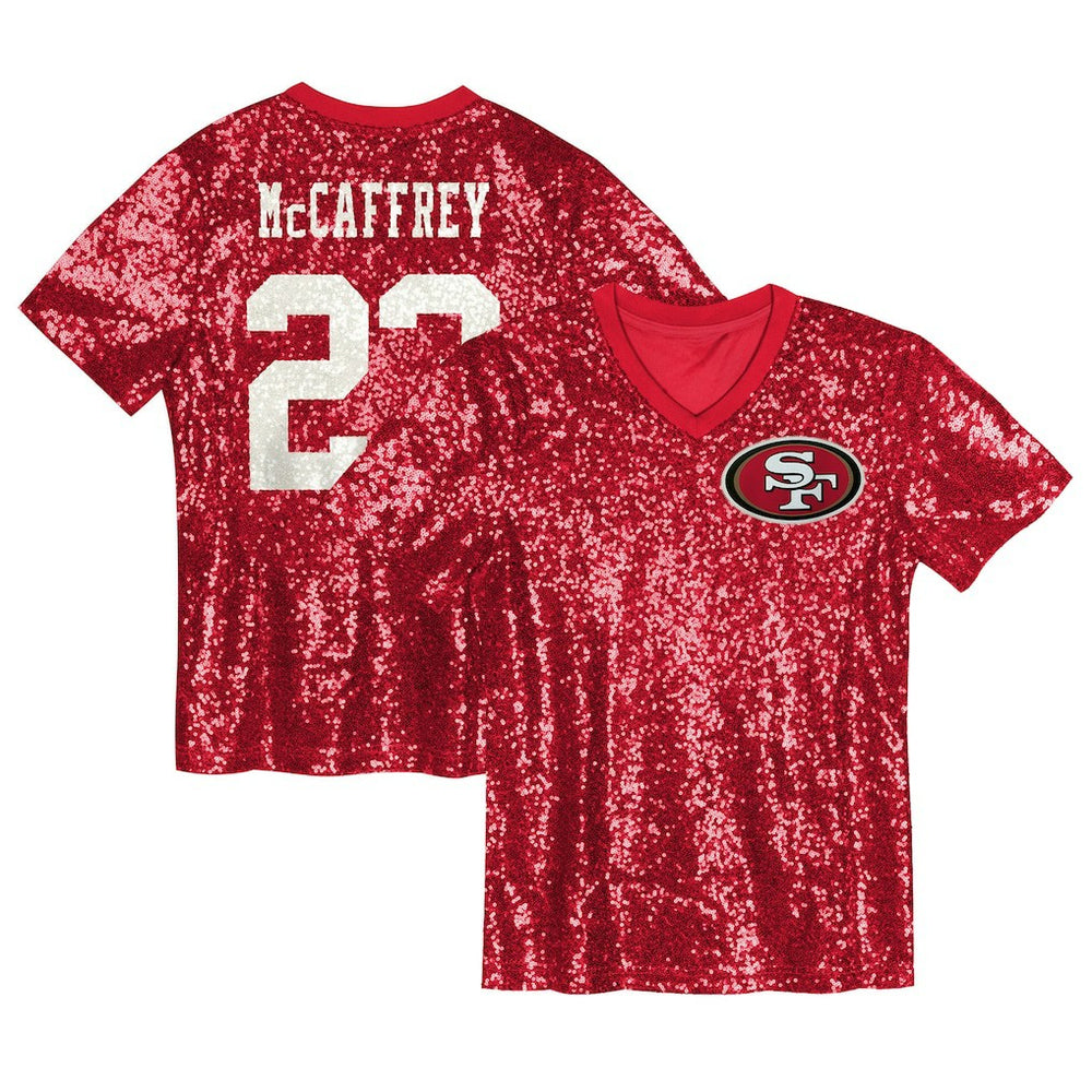 Christian McCaffrey San Francisco 49ers Girls Youth Sequin V-Neck Fashion Jersey Scarlet