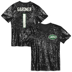 Sauce Gardner New York Jets Girls Youth Sequin V-Neck Fashion Jersey Black