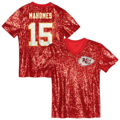 Patrick Mahomes Kansas City Chiefs Girls Youth Sequin V-Neck Fashion Jersey Red