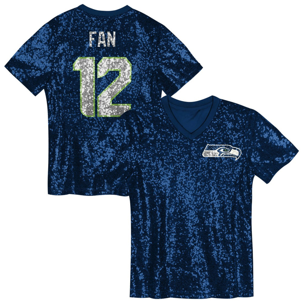 12 Fan Seattle Seahawks Girls Youth Sequin V-Neck Fashion Jersey College Navy