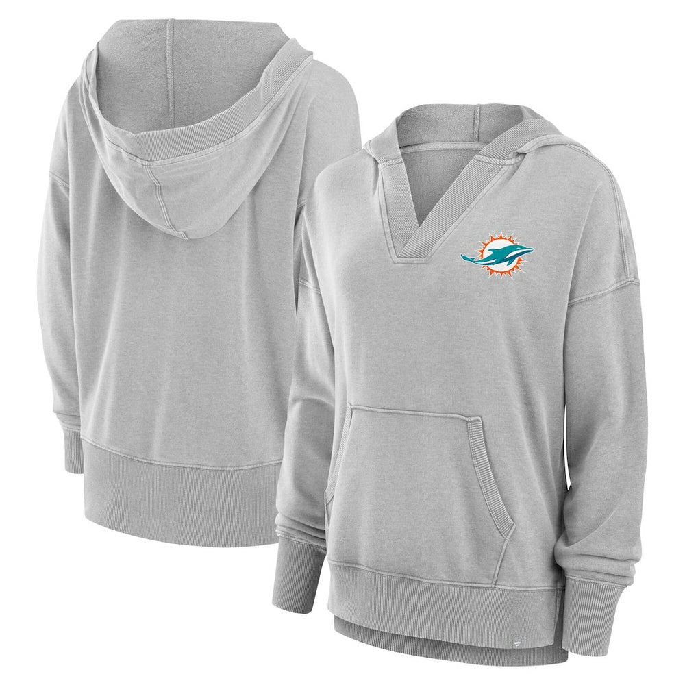 Fanatics Miami Dolphins Women's Initiative Snow Wash French Terry V-Neck Pullover Hoodie Heather Gray