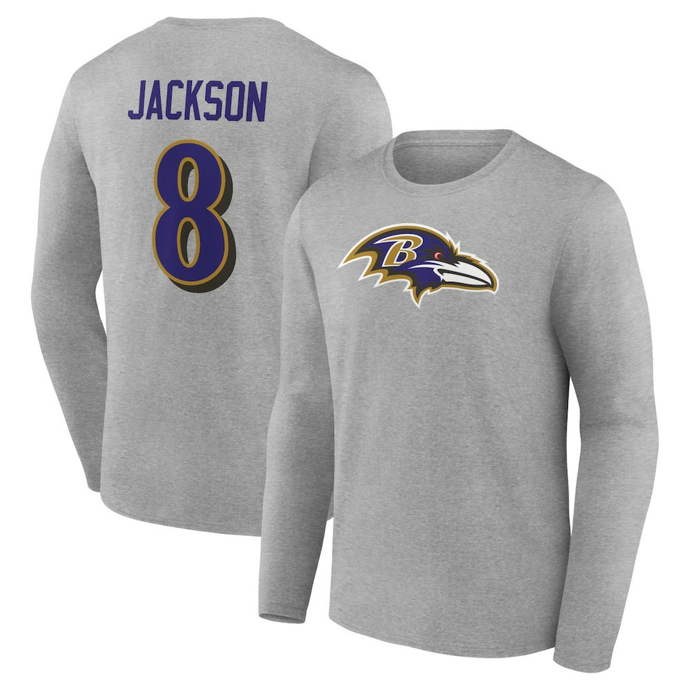 Lamar Jackson Baltimore Ravens Icon Player Name & Number Long Sleeve T-Shirt Gray