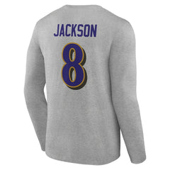 Lamar Jackson Baltimore Ravens Icon Player Name & Number Long Sleeve T-Shirt Gray