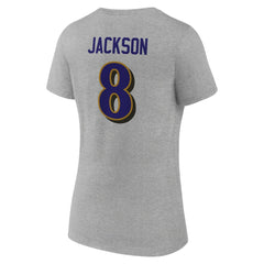 Lamar Jackson Baltimore Ravens Women's Icon Player Name & Number V-Neck T-Shirt Gray