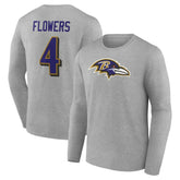 Zay Flowers Baltimore Ravens Icon Player Name & Number Long Sleeve T-Shirt Gray